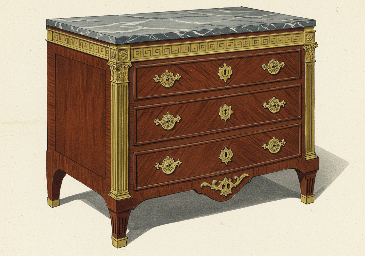 A French Louis XVI commode (c. 1775–1785) — the direct royal antecedent in mahogany veneer with ormolu mounts that Gustav III absorbed on his 1771 Paris visit and 1783–84 Grand Tour and that the Swedish workshops translated into painted pine