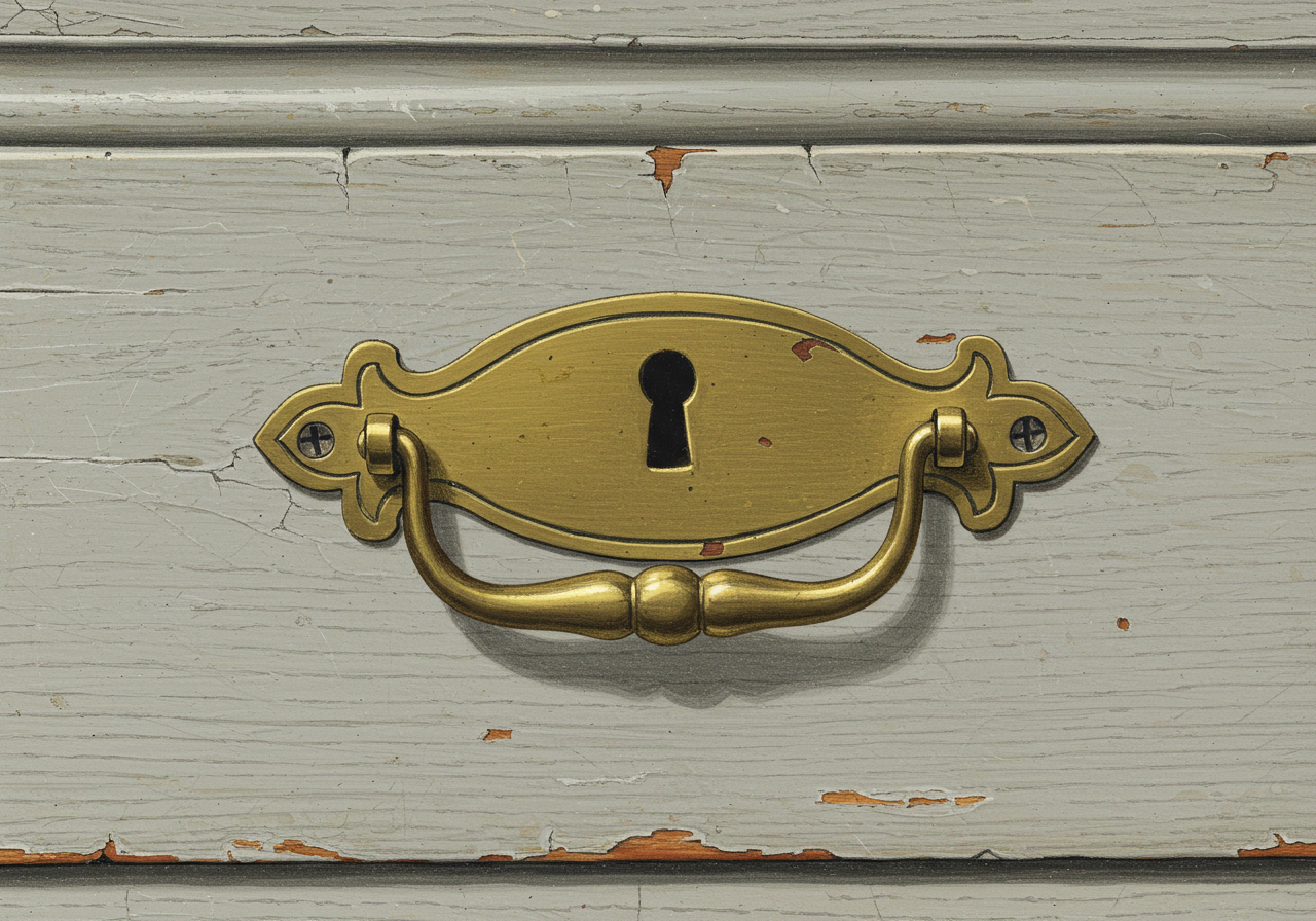 A close detail of Gustavian restrained Swedish brass hardware — small bail handle and plain oval escutcheon on a painted drawer front
