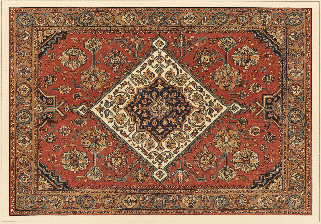 A close detail of a Hamadan single-medallion — village-loom rust / camel ground