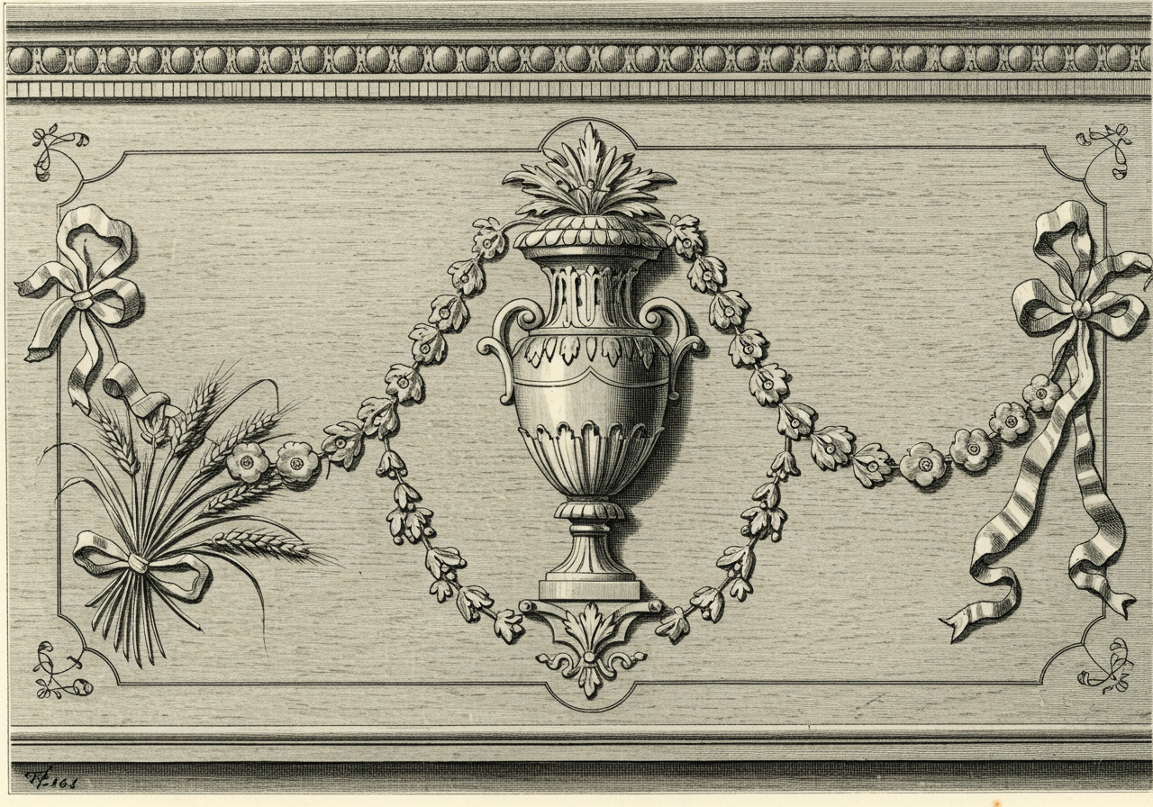 A close detail of Hepplewhite satinwood inlay — neoclassical urn or paterae in stained-and-shaded marquetry