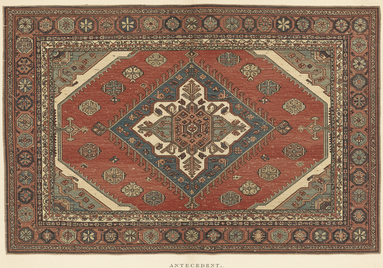 An antique Bakshaish village rug — softer madder-rose palette, looser drawing, more primitive geometric vocabulary than the standardised post-1890 Heriz format