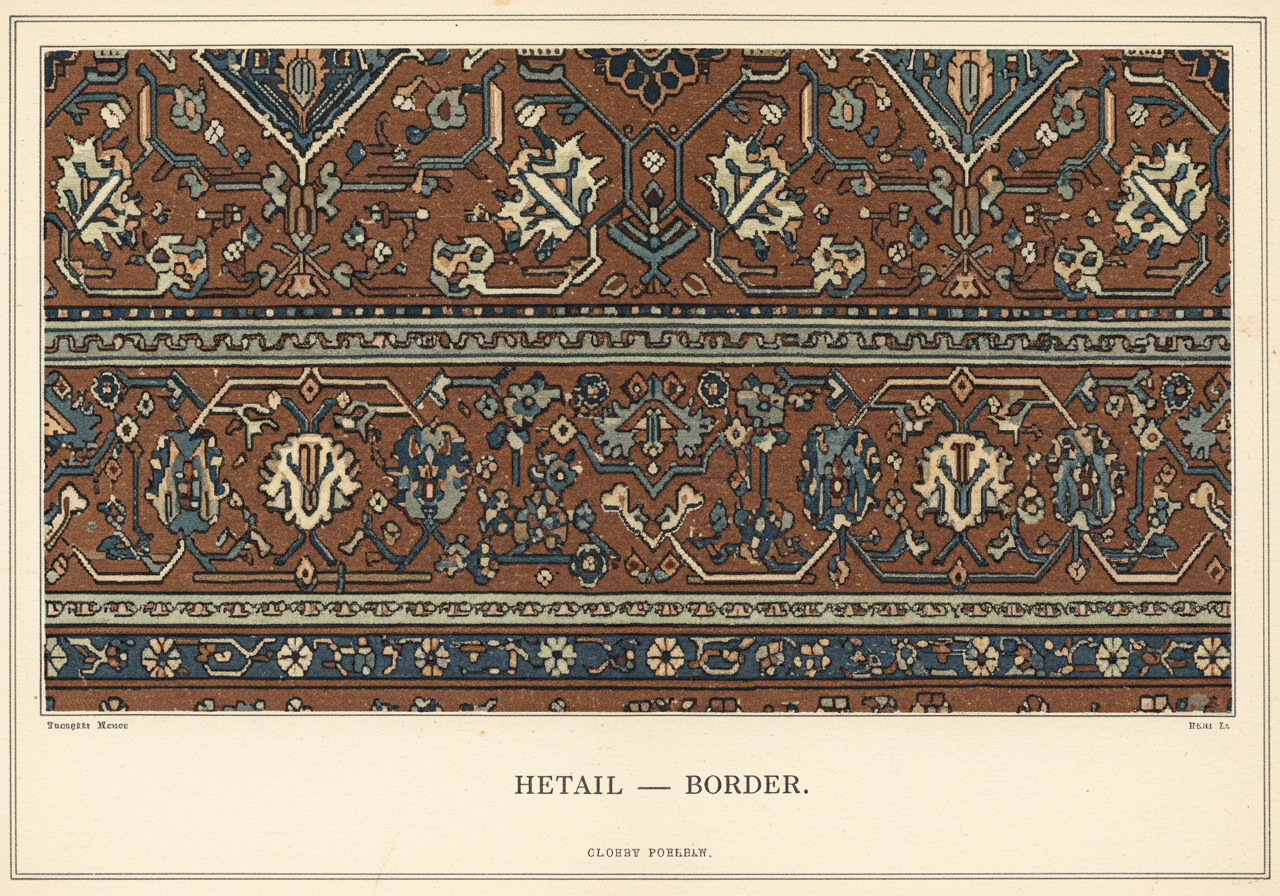 A section of Heriz main border — a stylised vine-and-palmette pattern in walnut-brown ground with narrow guard bands of contrasting tone above and below