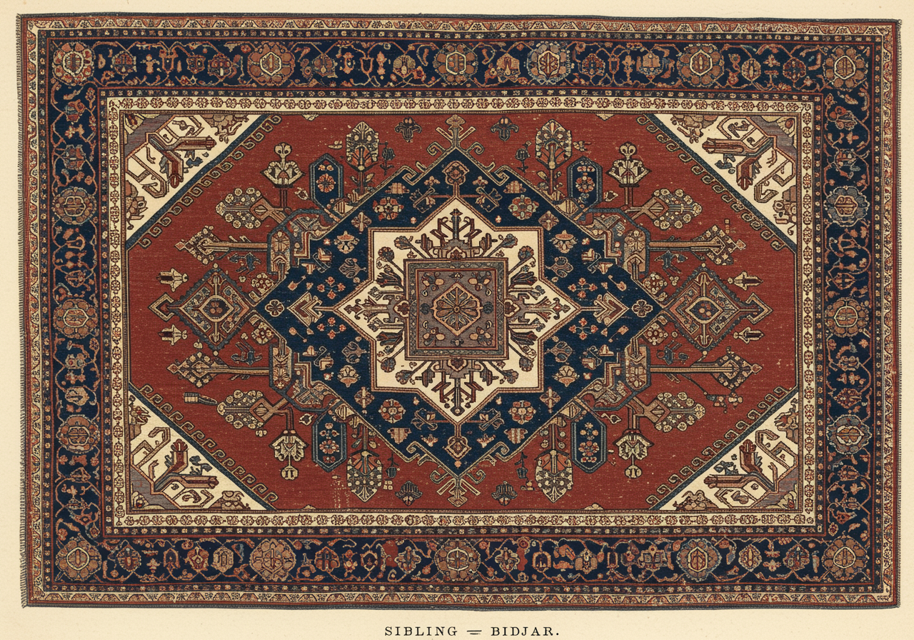 A Bidjar rug with a bold geometric medallion on a saturated dark-red field, multilayered medallion structure, and a wide indigo border with floral pattern