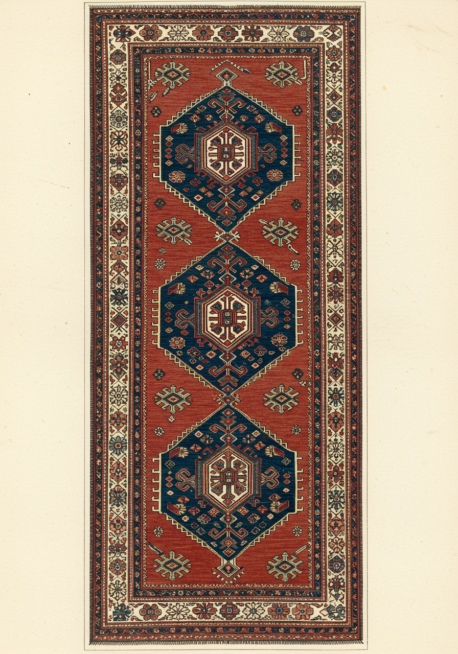 A Karaja runner — long narrow vertical format with three small geometric medallions stacked along the length, in indigo and ivory on a brick-red field