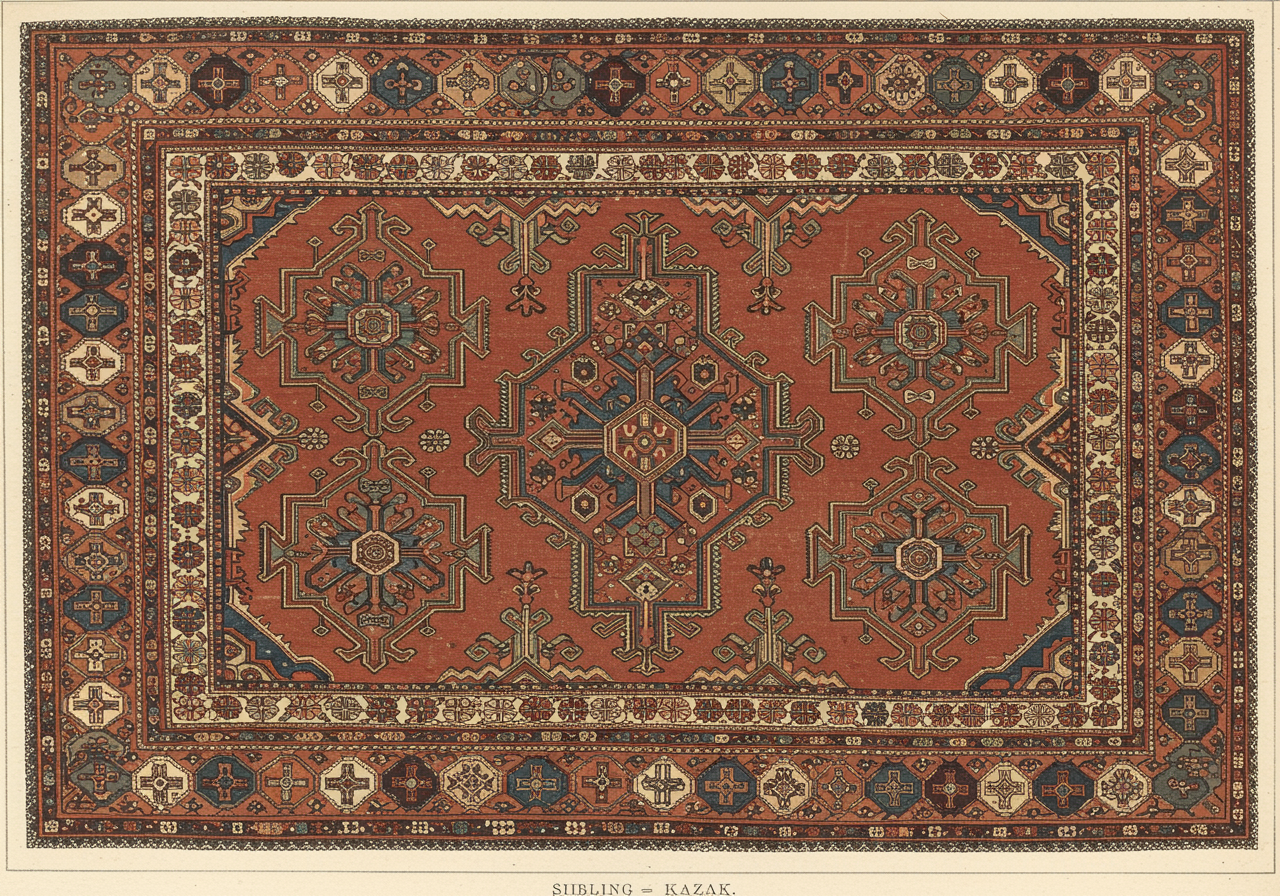 A Caucasian Kazak rug with three large primitive medallions stacked vertically on a saturated red field, latch-hook borders, and the smaller more square format characteristic of the Caucasus