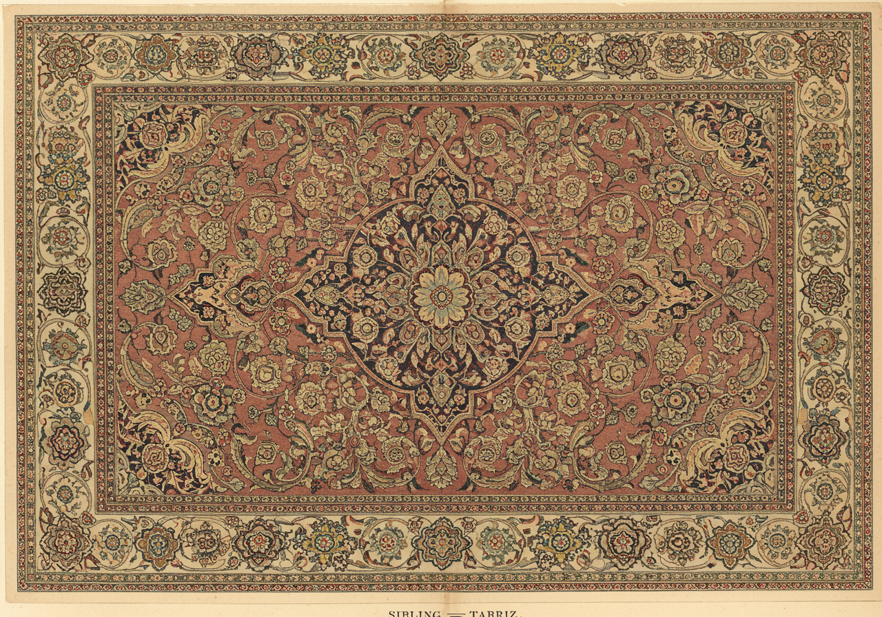 A Tabriz rug with a curvilinear central medallion in stepped-petal shape, surrounded by densely-drawn curvilinear floral on a rose-red field, and a wide curvilinear border