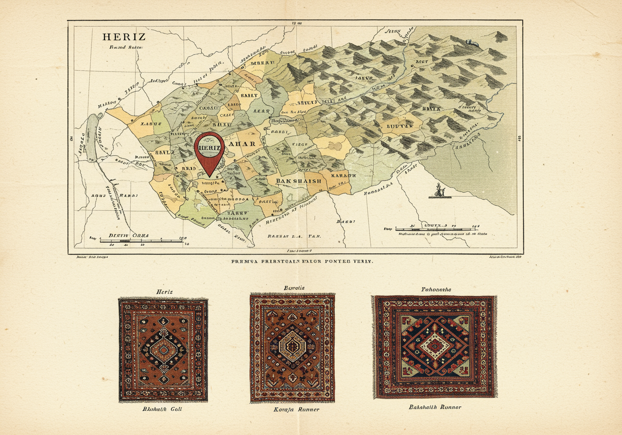 A page from a Victorian connoisseur's portfolio on the Heriz district — district map locating the principal weaving villages on the slope east of Tabriz, with three small archetype rug drawings at the bottom showing the principal sub-type designs