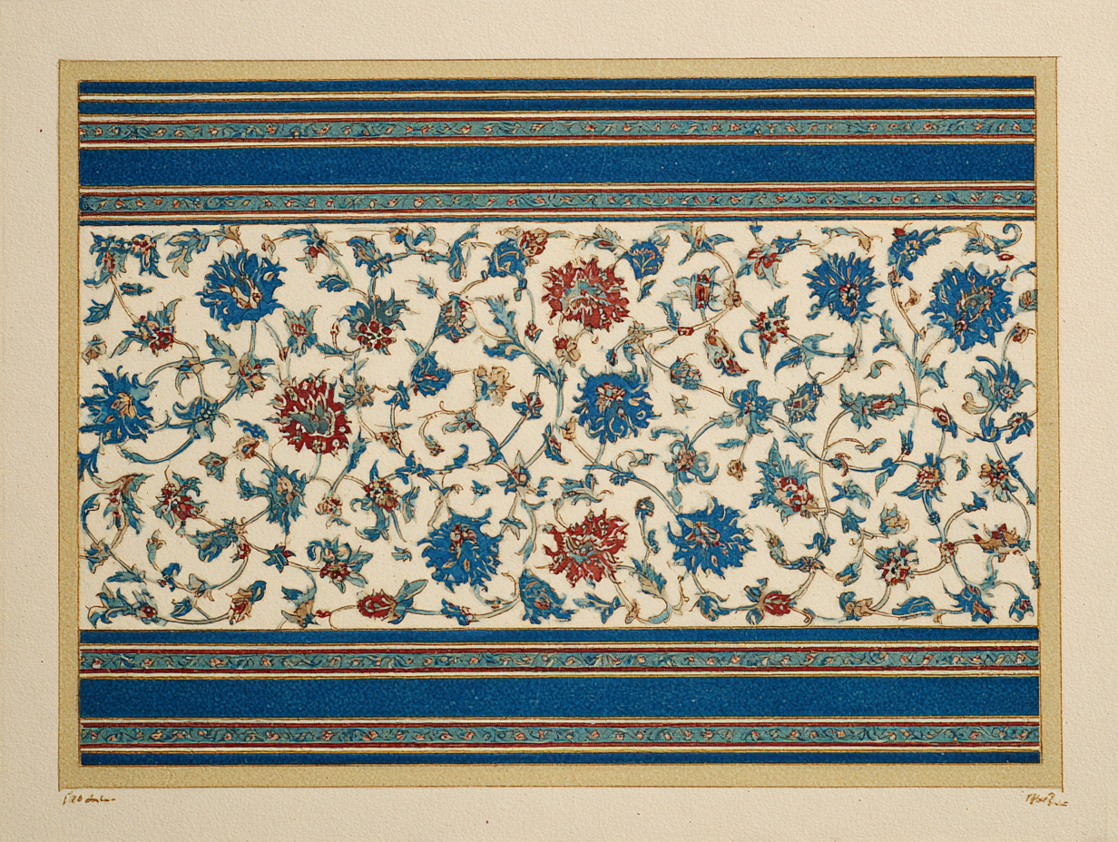 A close detail of an Isfahan main border — fine palmette repeat in silk-warp court tradition