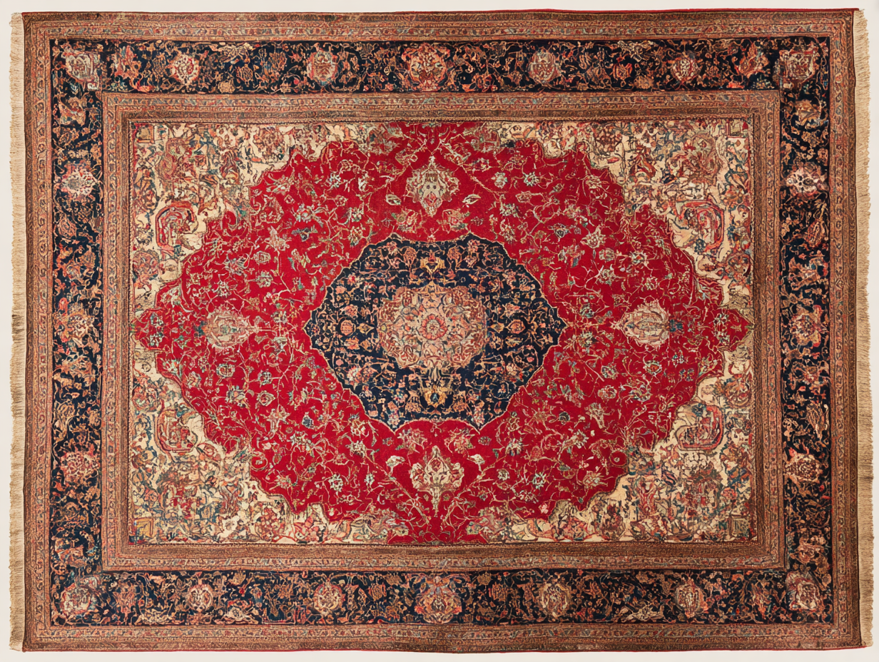 A Kashan rug — central Persian court neighbour, deep wine-red ground rather than pale ivory, similar vocabulary, often cotton warp