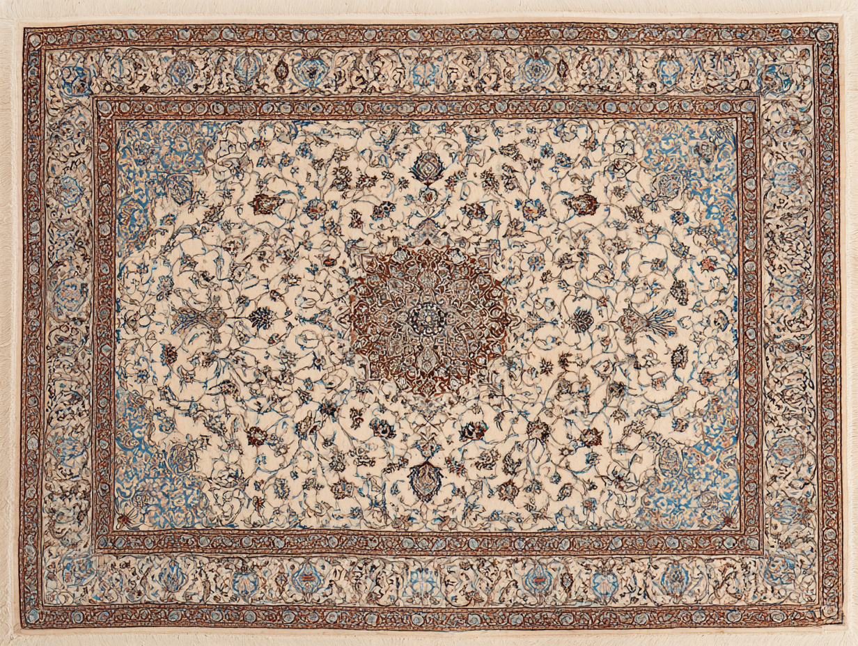A Nain rug — 20th-c workshop tradition descended from Isfahan, pale ivory or pale blue ground, silk highlights, distinct grading by knot count