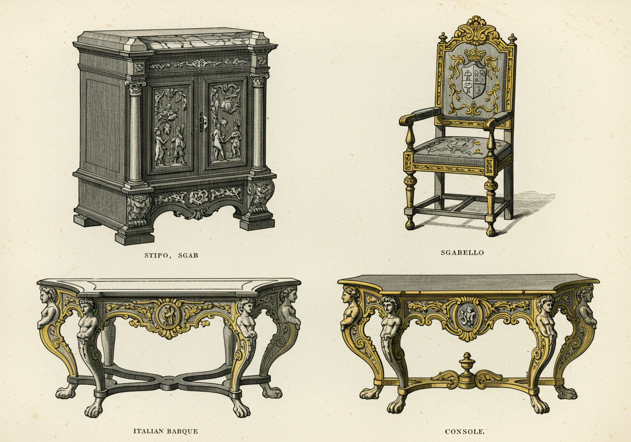 A page from a Bolognese cabinet-maker's reference plate — perspective drawings of Italian Baroque stipo, sgabello, and console table in the seventeenth-century workshop register