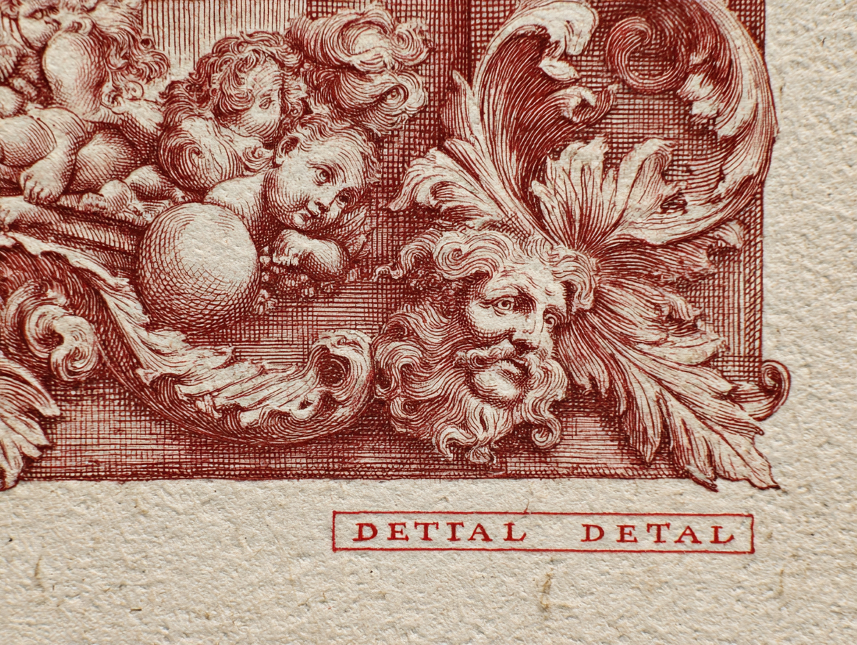 A close detail of Italian Renaissance walnut relief carving — classical putti, acanthus, architectural ornament