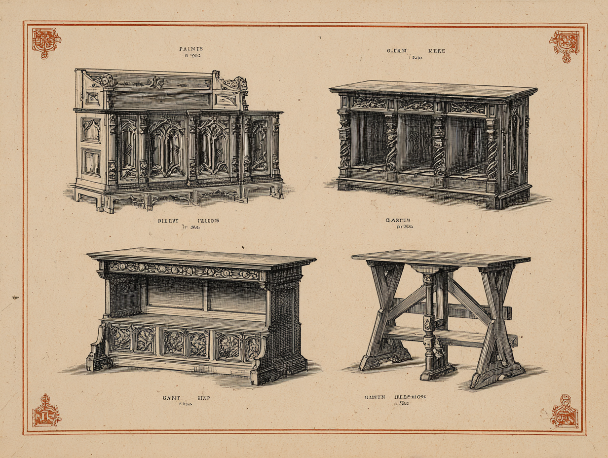 A page from a Florentine cabinet-maker's pattern book of the 16th c — cassone, credenza, sgabello, savonarola chair