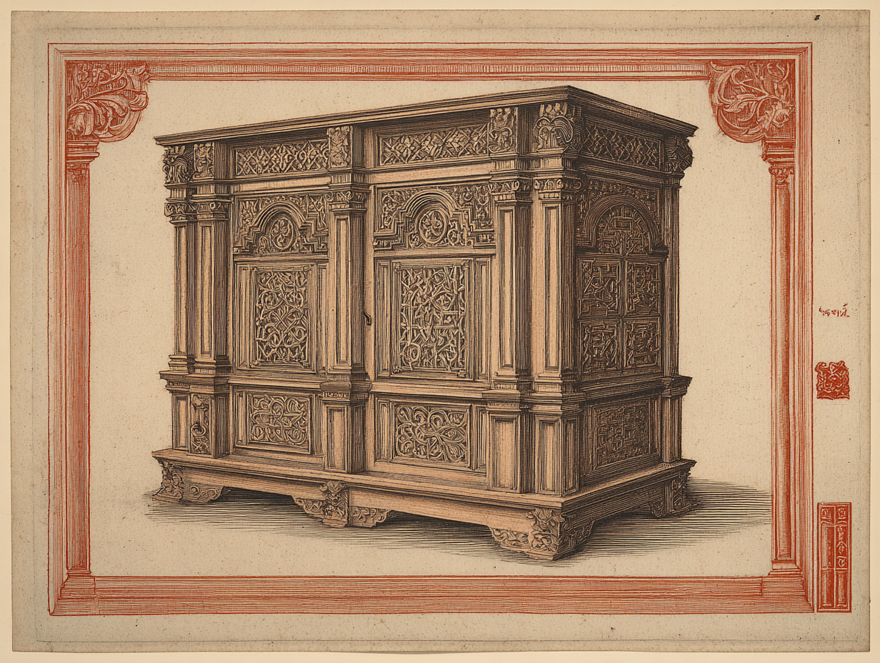 A German Renaissance cabinet — Northern Renaissance with heavier oak and Gothic-survival vocabulary