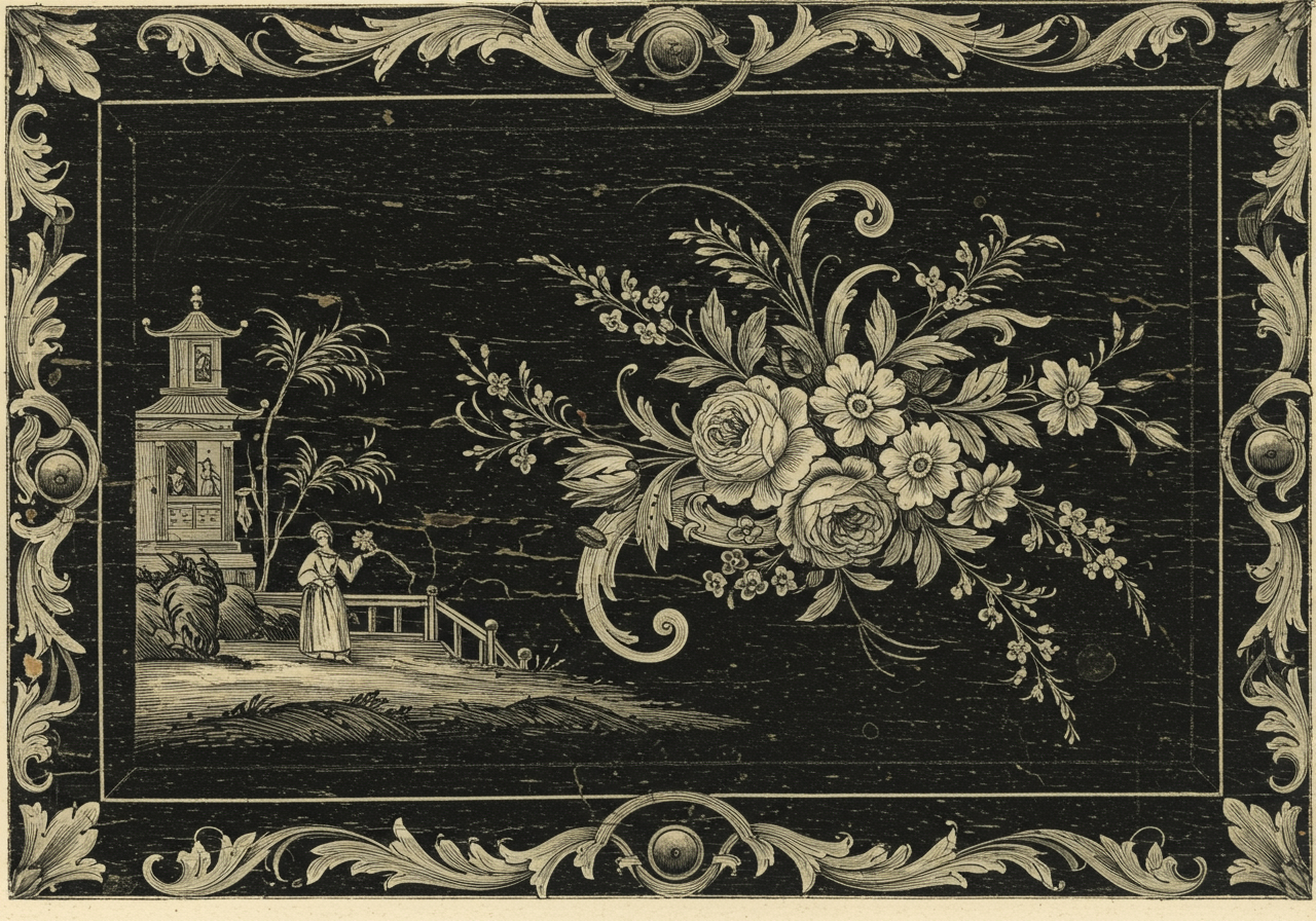 A close detail of Venetian lacquer surface — saturated colored ground with painted floral or chinoiserie ornament