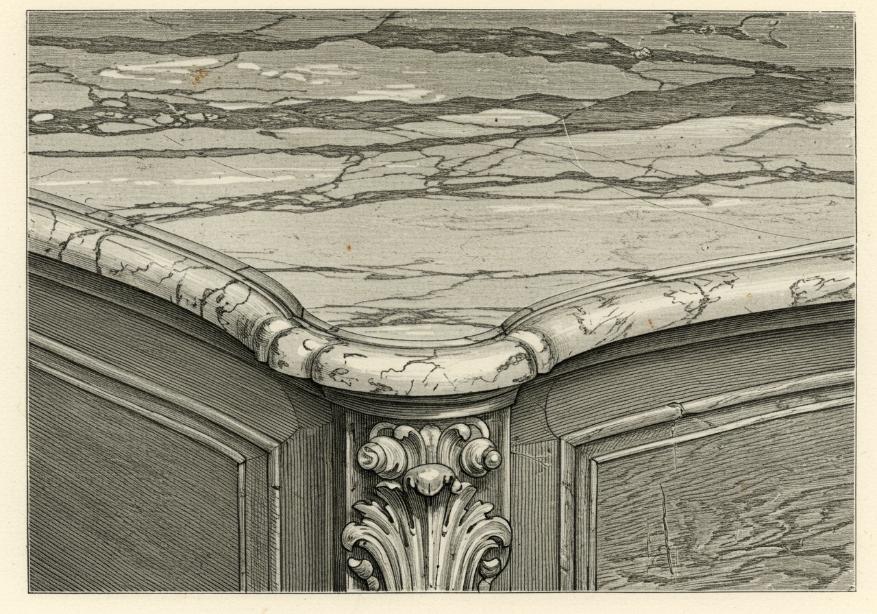 A close detail of a Venetian Rococo marble top — colored marble in the rococo serpentine outline