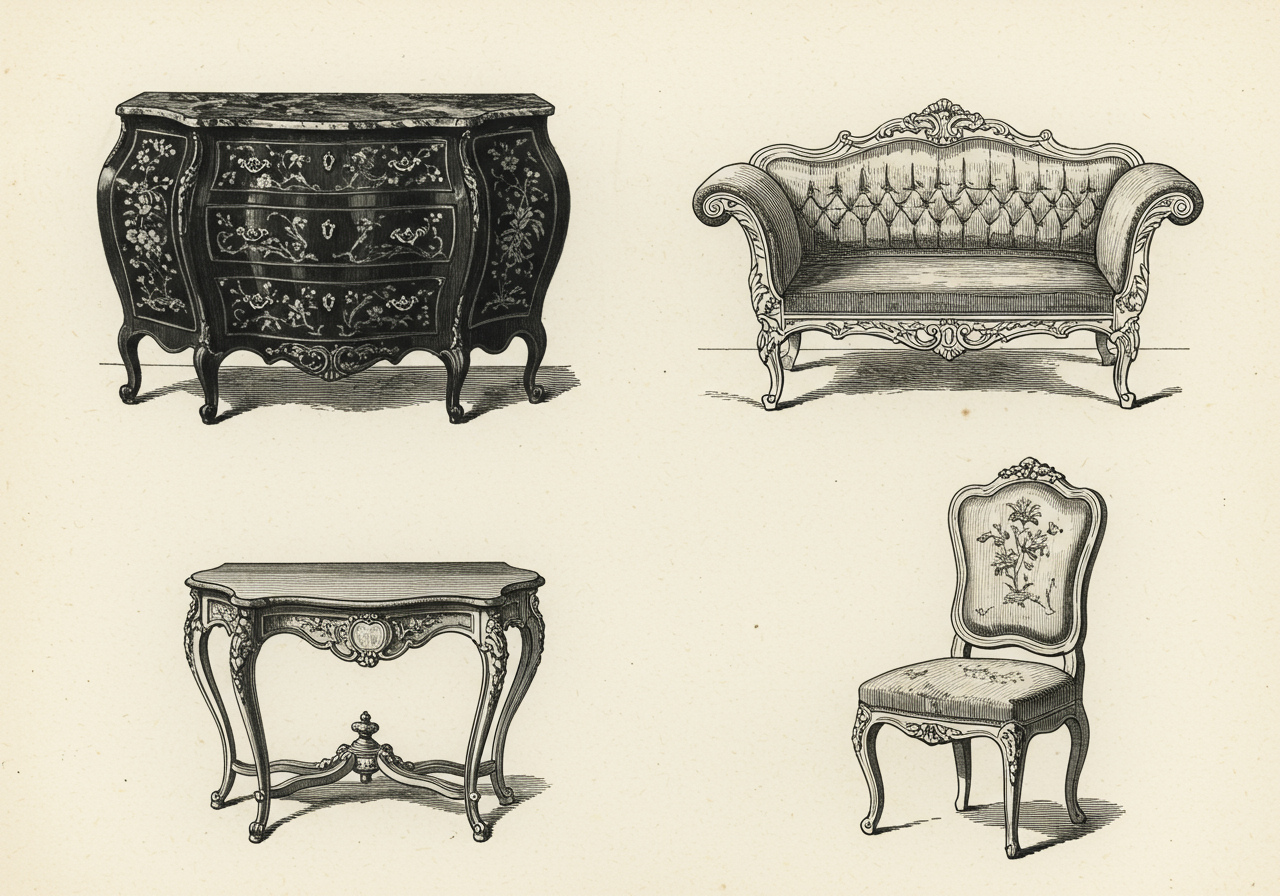 A page from a Venetian cabinet-maker's pattern book — lacquered commode, sofa, console, chair in the rococo register