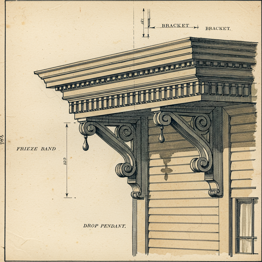 Detail of paired sawn wooden brackets supporting a wide overhanging cornice