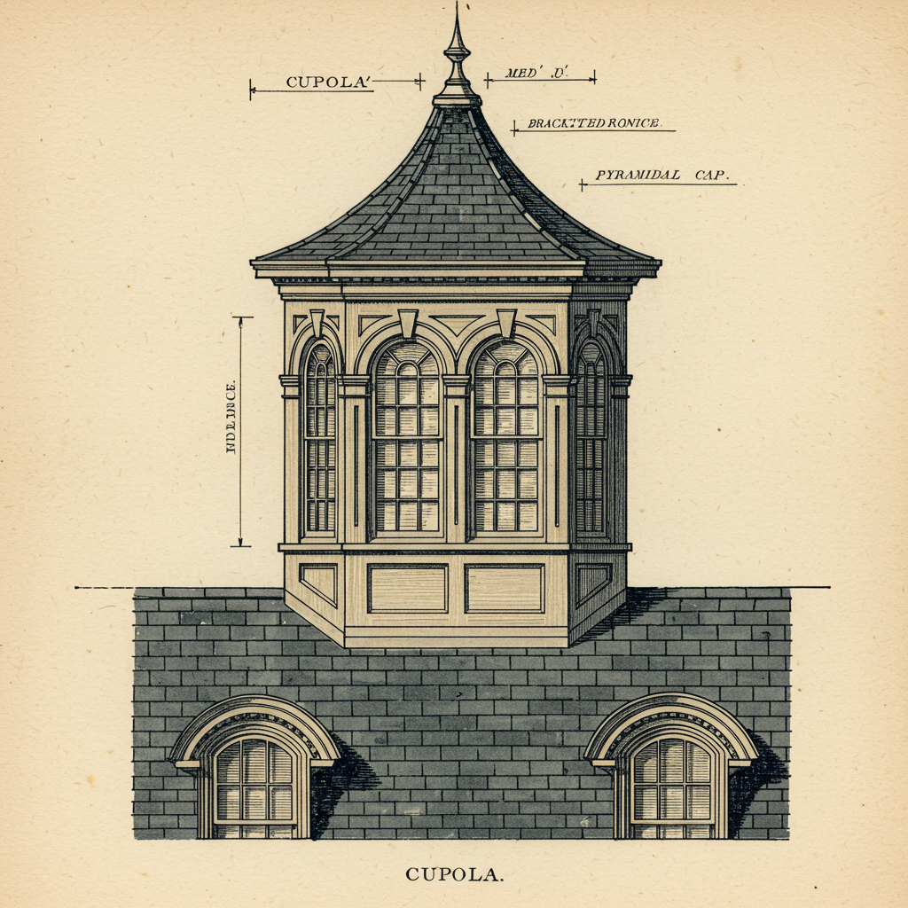 Detail of a square Italianate cupola with windows on each face and a low pyramidal roof