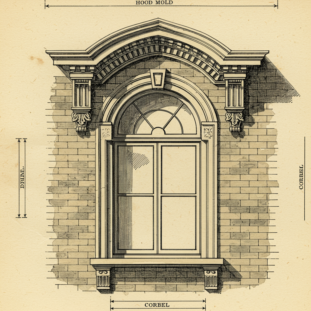 Detail of a tall narrow round-arched Italianate window with a heavy hood mold above