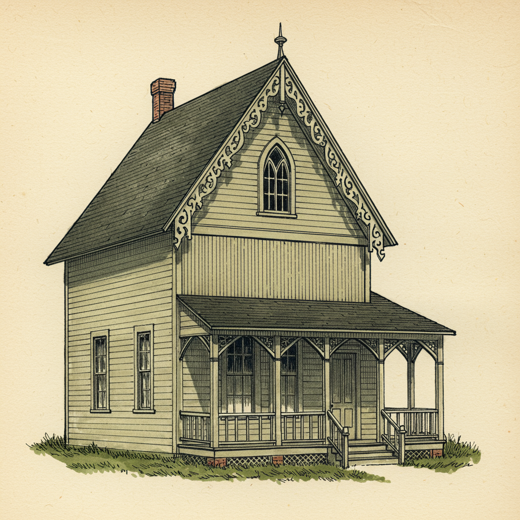 A Gothic Revival cottage with a steep gable and a vergeboarded roofline