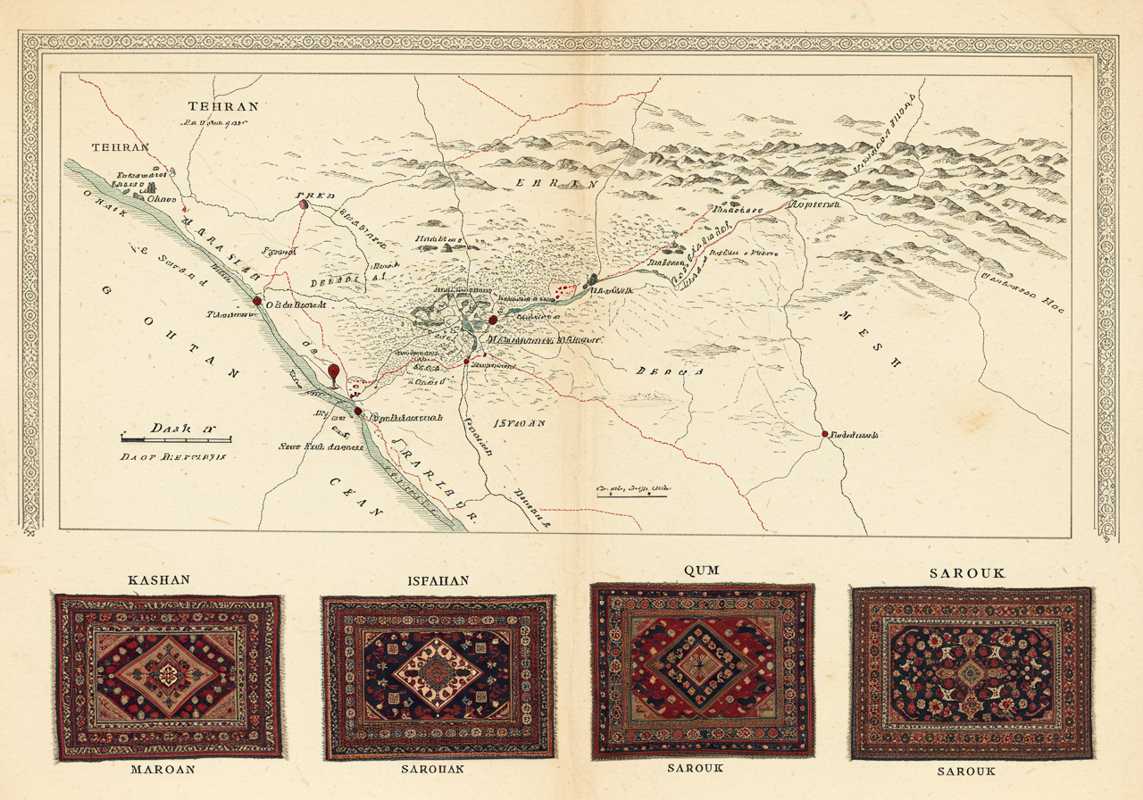 A page from a Victorian connoisseur's portfolio on the central Persian court workshops — district map locating Kashan, Isfahan, Qum, and Sarouk, archetype rug drawings for the four