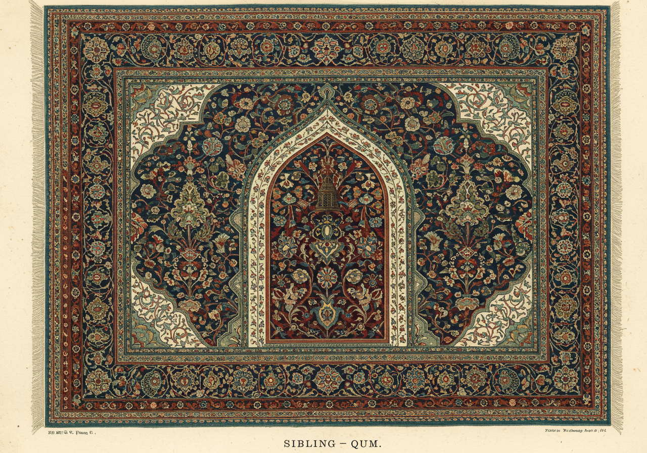 A Qum silk prayer-rug — twentieth-century workshop production from north of Kashan, characterised by silk pile, prayer-rug niche composition, and derivative court vocabulary