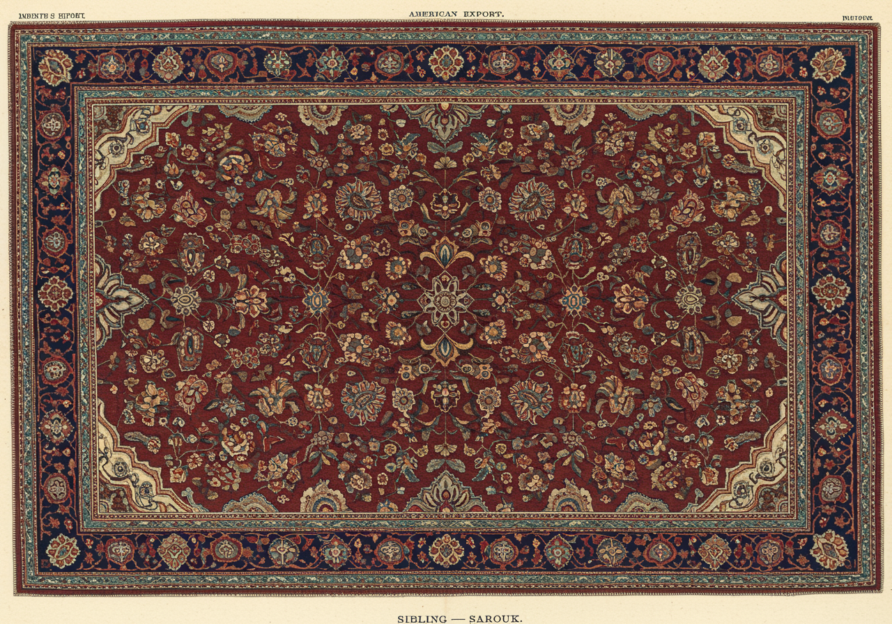 A Sarouk rug — central Persian workshop production for the American export market, deep wine-red ground, allover floral-spray composition rather than central medallion