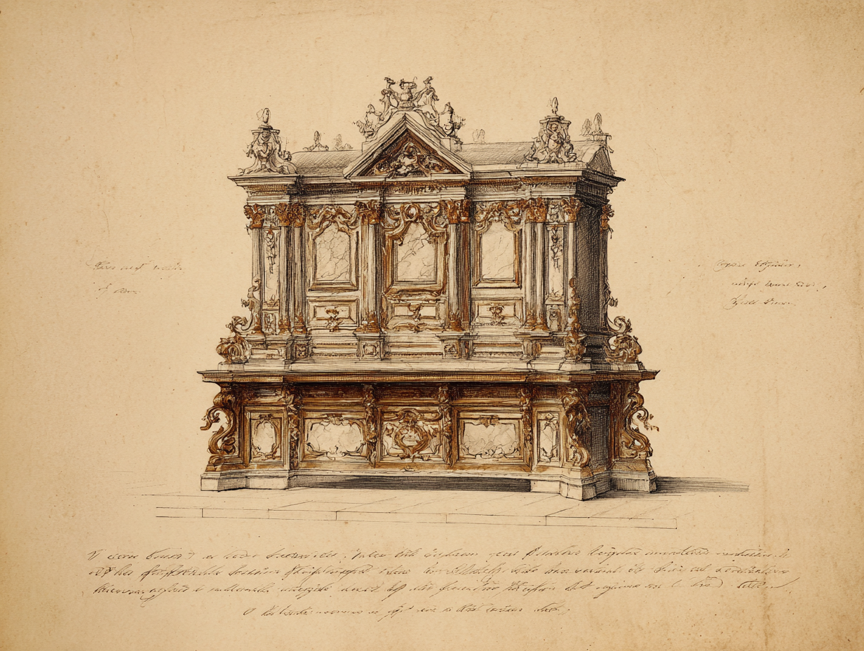An Italian Baroque stipo of the mid-17th c — the immediate antecedent the Louis XIV state workshop set out to surpass, with carved-and-gilded woodwork and pietra-dura panels