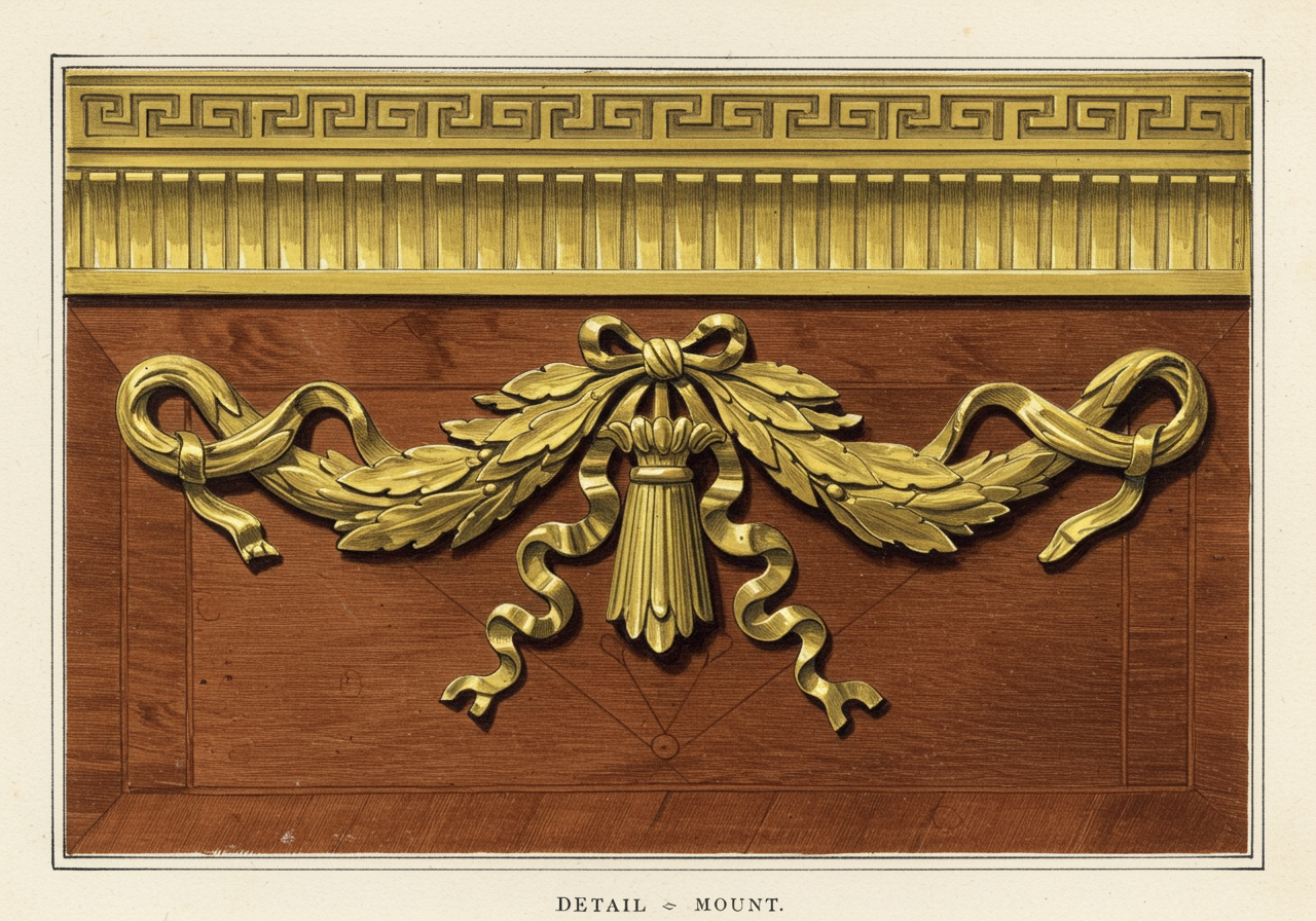 A close detail of a Louis XVI ormolu mount — a laurel-wreath swag with ribbon ties, framed by a Greek-key border, over a fluted ground