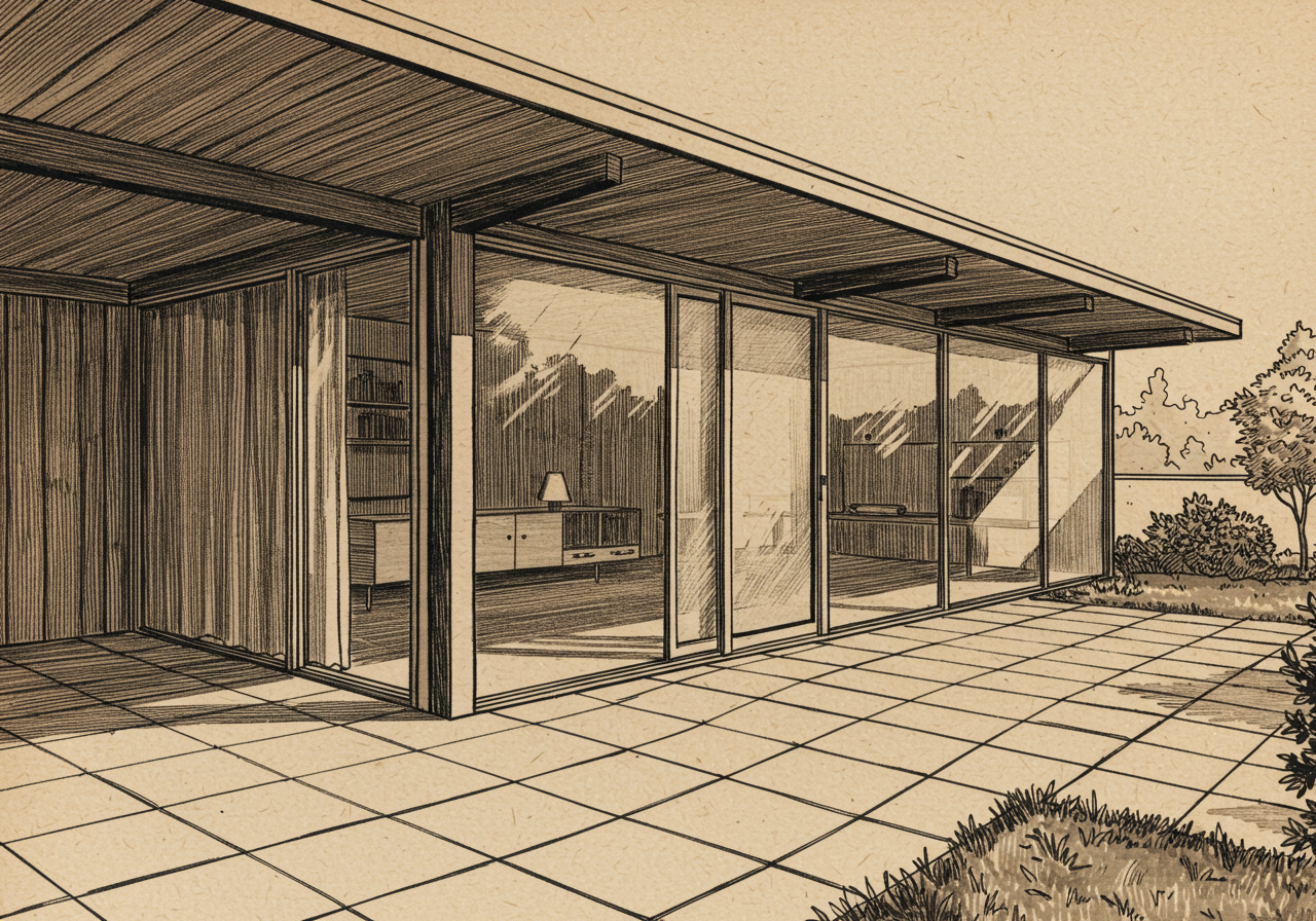 A close detail of a Mid-century Modern glass wall — a floor-to-ceiling run of fixed plate-glass panes and sliding glass doors set in slender frames between structural posts, opening from an interior living room directly onto a paved terrace and planted landscape beyond, with no visible threshold or change of level