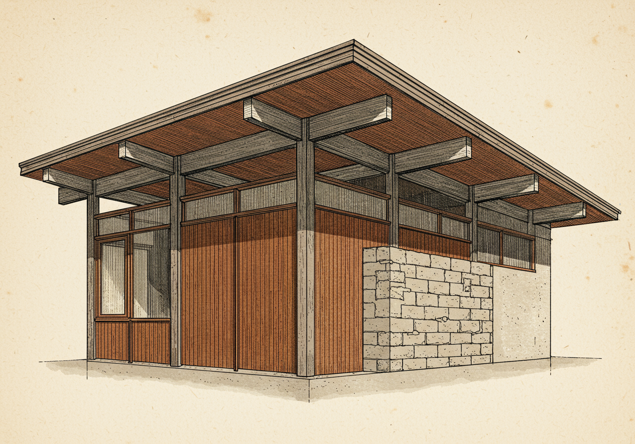 A close detail of a Mid-century Modern post-and-beam frame — slender timber posts at regular intervals carrying exposed beams that run unbroken to a wide flat roof overhang, with a band of clerestory glazing above the beam line admitting light at the top of the wall