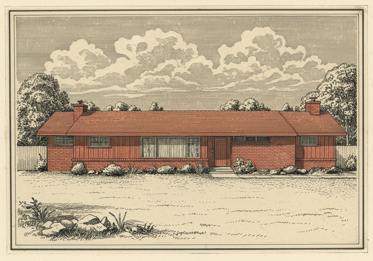 A California Ranch house — one-storey horizontal sprawl with a low-pitched gable roof, broad eaves, a mixed-material wall surface of board-and-batten and brick veneer, a picture window, and an attached two-car garage projecting forward of the front facade — the mass-market builder's house of the same post-war decades