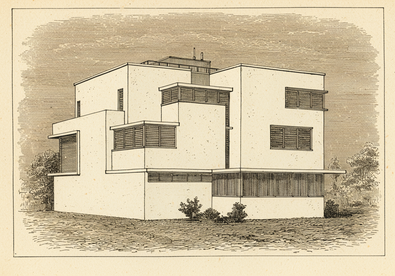 An International Style house — a crisp white-stuccoed cubic volume with a flat roof, ribbon windows turning the corner, smooth unornamented planar walls and no exposed structural frame, in the European modernist manner of the 1920s and 1930s
