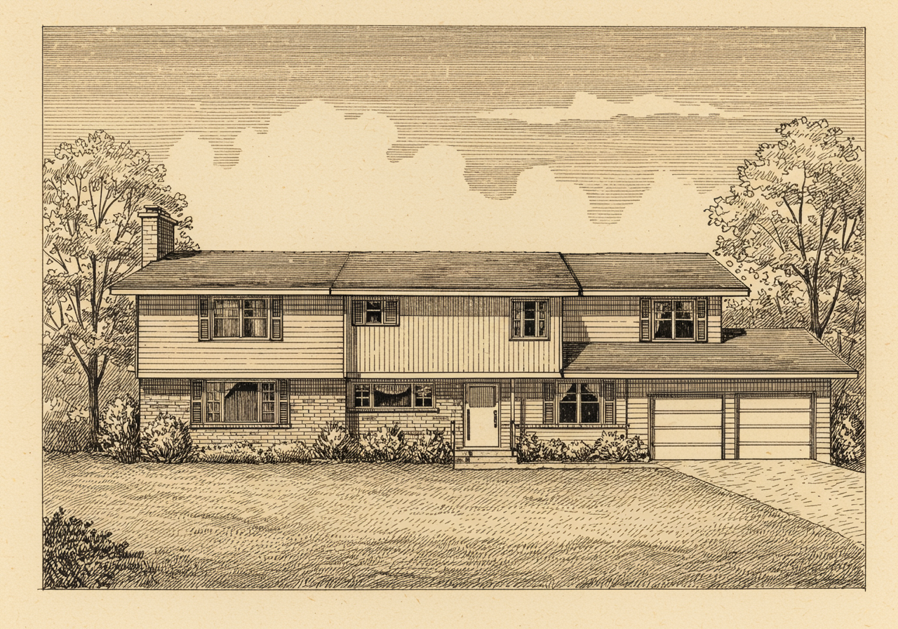 A Split-Level house — a broad horizontal silhouette under a single continuous low-pitched roof, distributed across three or four staggered half-storey levels with a visible vertical step in the wall surface, mixed siding and brick, a picture window, and a garage on the lowest level