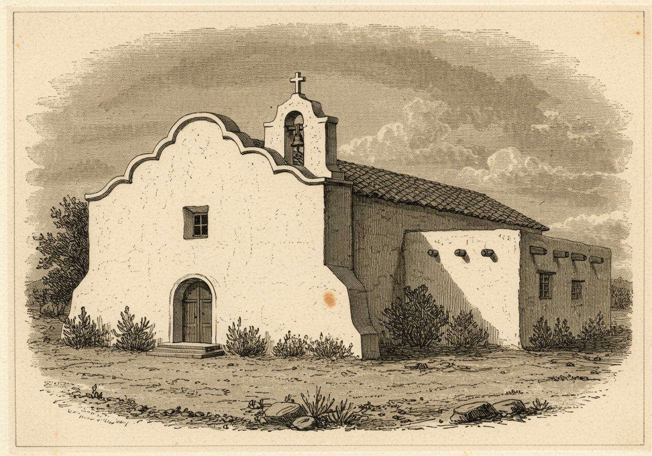 A Mission Revival building — smooth white stucco walls, low-pitched red tile roof, a prominent curvilinear shaped parapet rising over the entrance in the manner of a California mission church gable, a simple campanario bell tower, restrained ornament