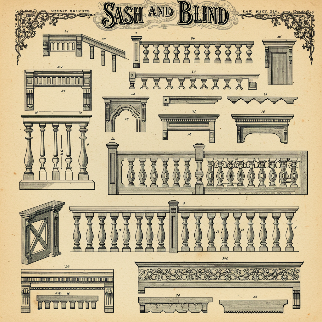Imagined sash-and-blind catalogue page from the 1880s showing porch parts in a plate-grid layout