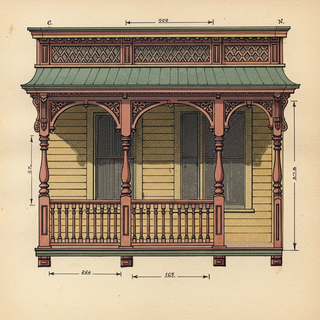 Detail study of Queen Anne porch spindlework — turned columns, sawn balustrade, and pierced frieze