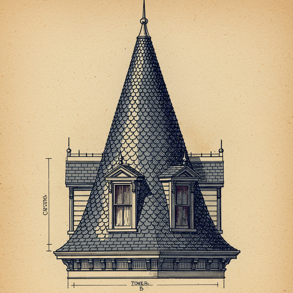 Detail study of a Queen Anne corner tower with a conical witch's-hat roof