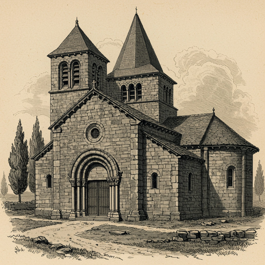 A French Auvergne Romanesque parish church, c. 1130, in rough volcanic stone with deep round-arched portal and short heavy columns