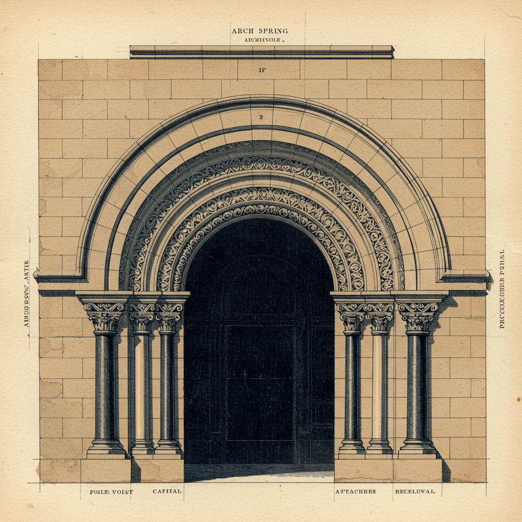 Detail of a deeply recessed round Romanesque entry arch with carved archivolt orders and flanking attached columns