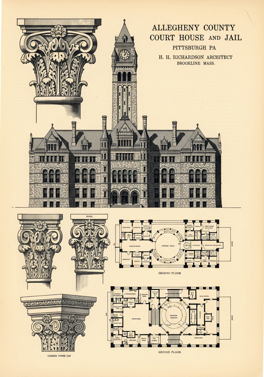 A reproduction of an architectural plate showing Richardson's Allegheny County Courthouse in elevation and plan