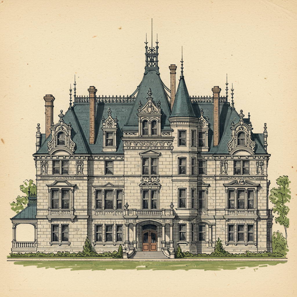 A Châteauesque mansion with steep slate roofs, dormers, and French Renaissance ornament