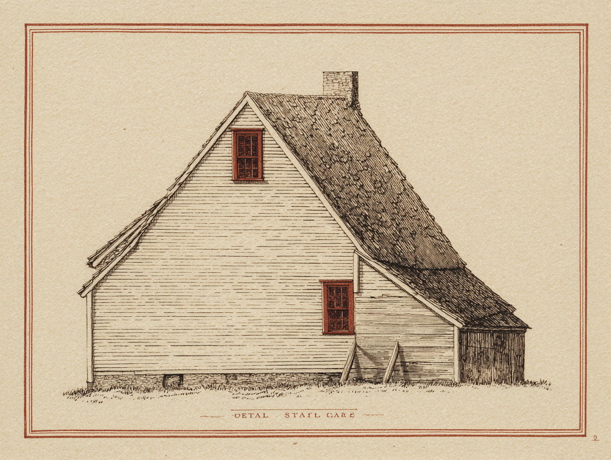 A close detail of a saltbox house seen from the side — the long rear roof slope, the catslide, sweeping down in one unbroken plane from the high main ridge of the two-storey block all the way to a low single-storey eave only seven or eight feet above the ground, covering a rear lean-to addition, the front roof slope by contrast short and steep, the whole roofline describing the lopsided wedge profile of a wooden salt box, clapboard walls below