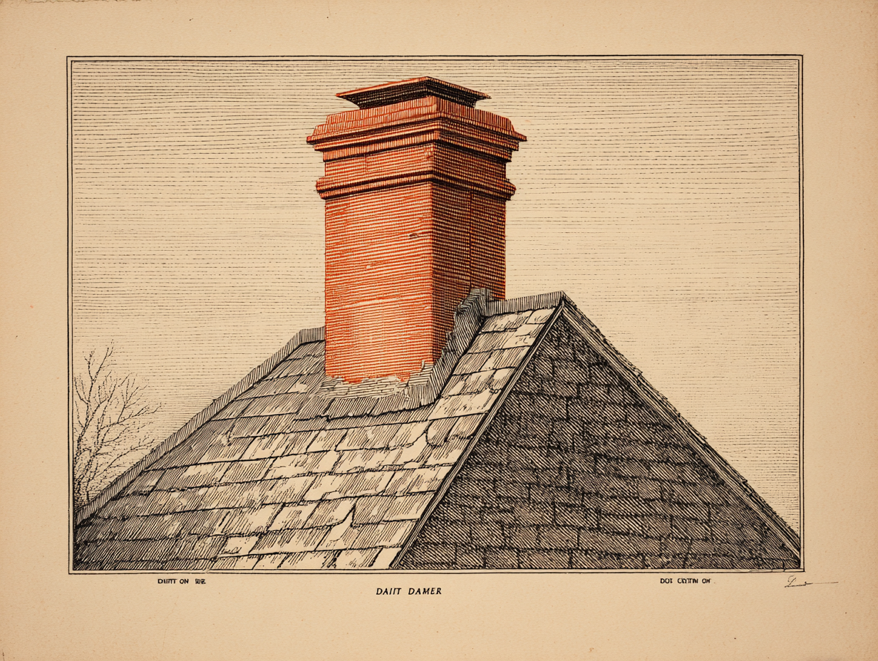 A close detail of a First Period saltbox house showing the massive central chimney — a great square masonry stack of brick rising from the centre of the steep roof ridge, broad and plain, far larger than a modern chimney, carrying the flues of fireplaces from every principal room of the house, the steep clapboard-walled gable and small windows visible around it