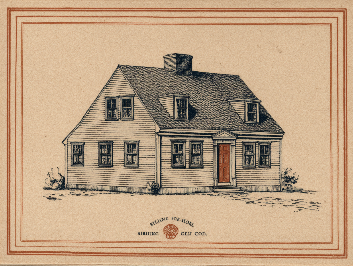 A Cape Cod house — a compact one-and-a-half-storey symmetric cottage under a simple steep gable roof of even pitch on both slopes, a central chimney at the ridge, six-over-six sash windows flanking a centred door, uniform clapboard walls, the roof symmetrical front and rear with no long catslide slope