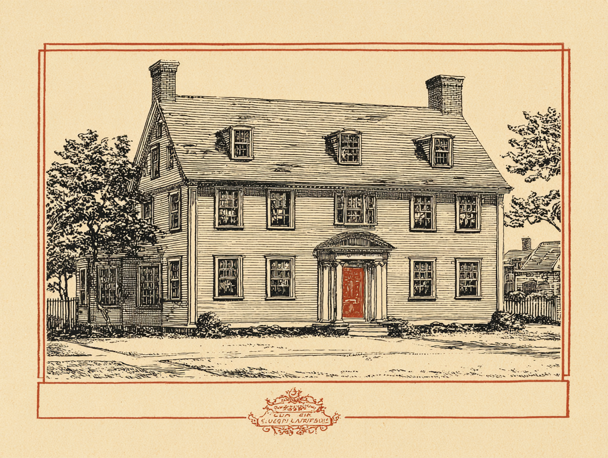 A Colonial Revival house in saltbox form — a twentieth-century suburban house built in light frame construction that copies the long unequal catslide roof of the First Period saltbox, but with regular machine-made sash, a classically detailed centred doorway, even clapboard, and the symmetry and finish of a modern revival house rather than a seventeenth-century one