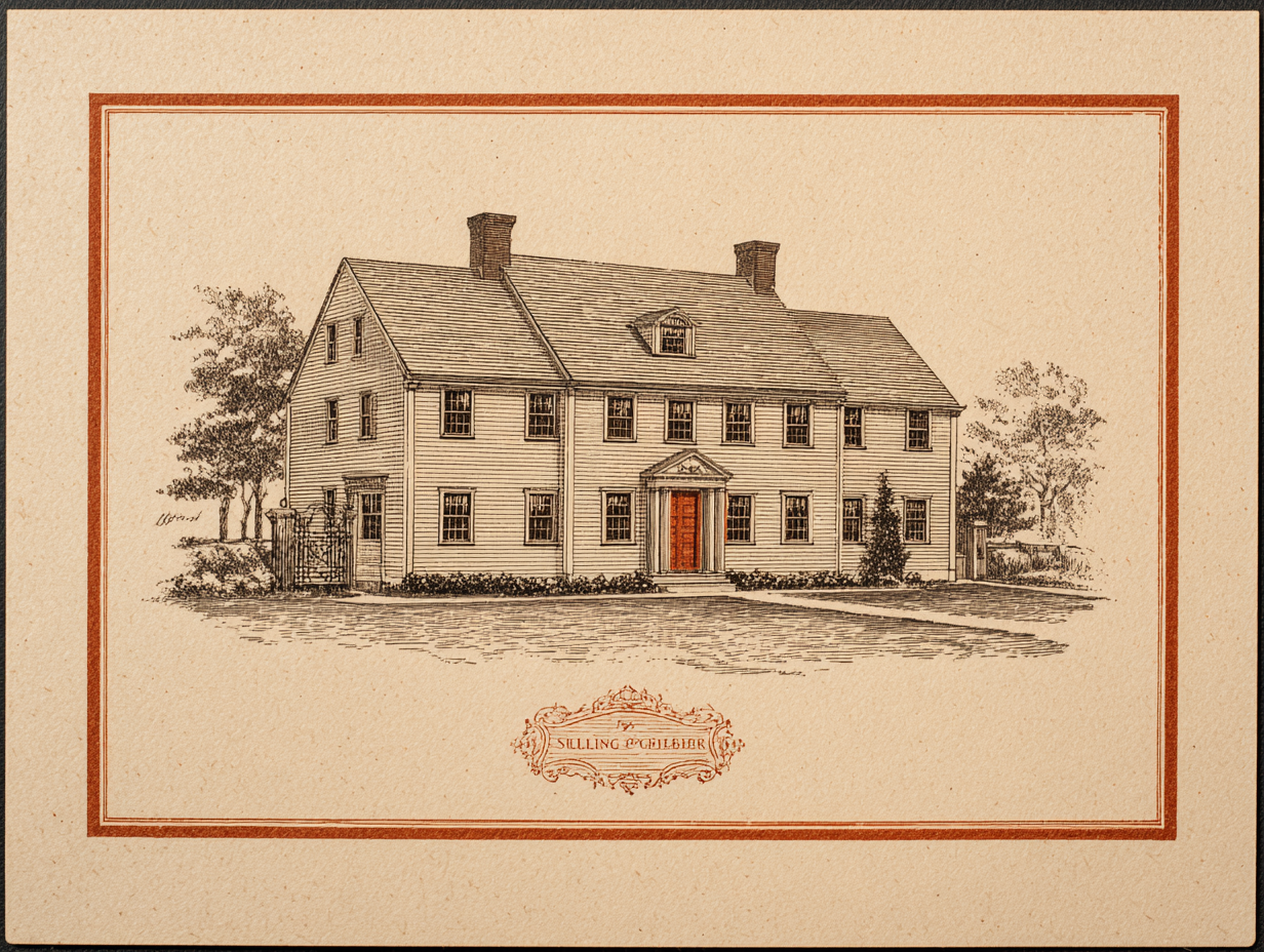 A Garrison Colonial house — a two-storey seventeenth-century New England timber-framed house in which the upper storey projects, jetties, forward of the lower storey across the front facade by a foot or so on the ends of the framing, sometimes with carved pendant drops at the corners, steep gable roof, central chimney, small casement windows
