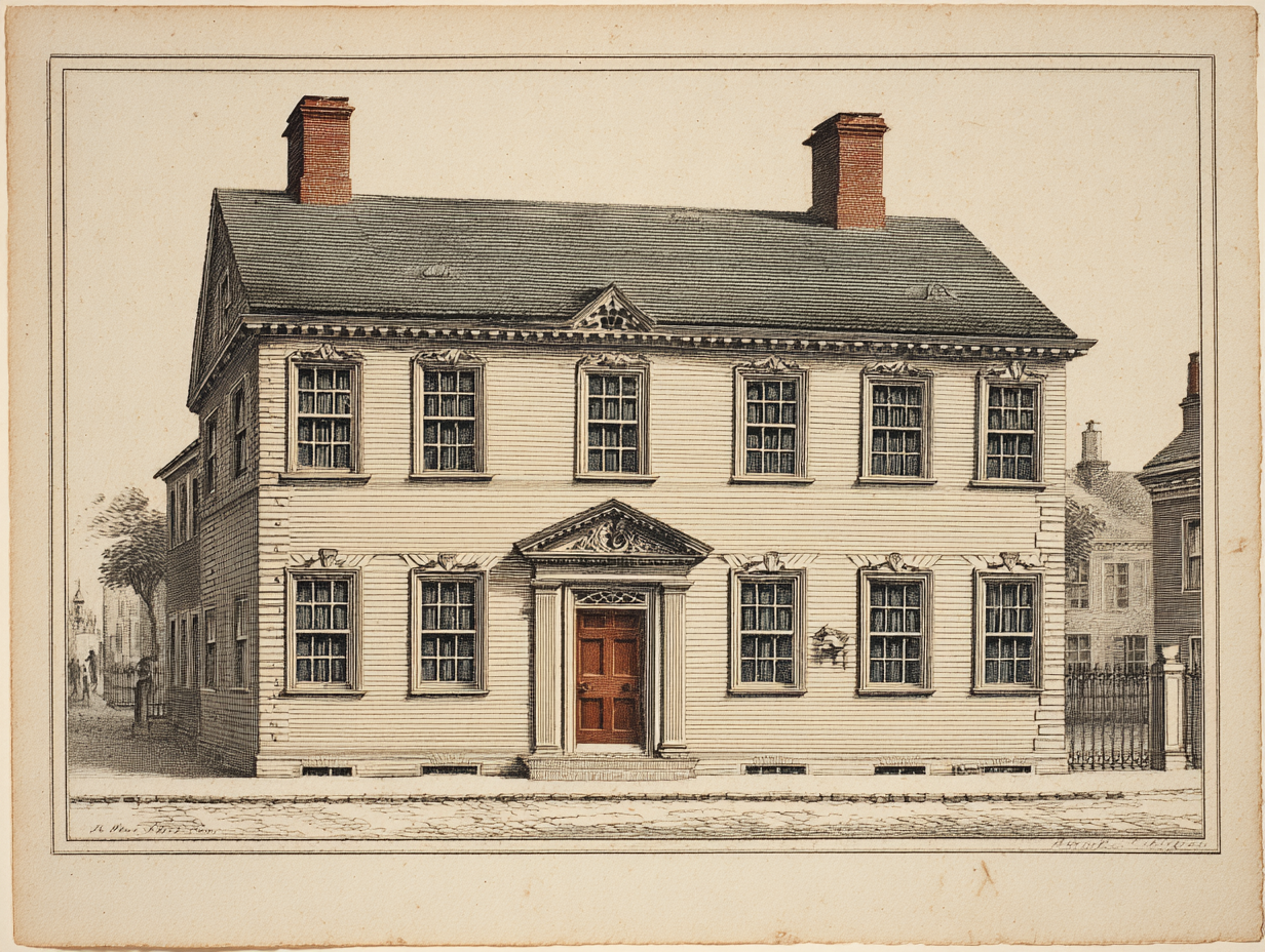 A Georgian Colonial house — a formal symmetric two-storey colonial house with a rigorously balanced facade, twin chimneys set at the gable ends rather than a single central stack, evenly ranked multi-pane sash windows, a classically detailed central doorway with pediment or crown, a hipped or simple gable roof, classical cornice