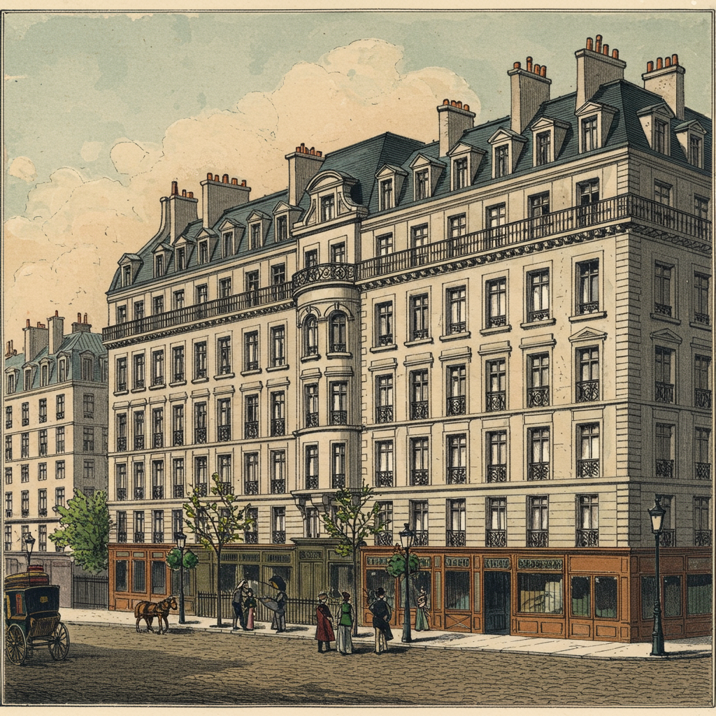 A Haussmann-era Paris boulevard block, c. 1865, in cream limestone with continuous mansard roofs
